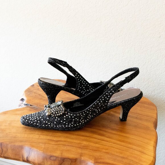 Pierre Dumas Black Glitter Slingback Heels Size 11 Rhinestone Embellished Shoes - Picture 5 of 10